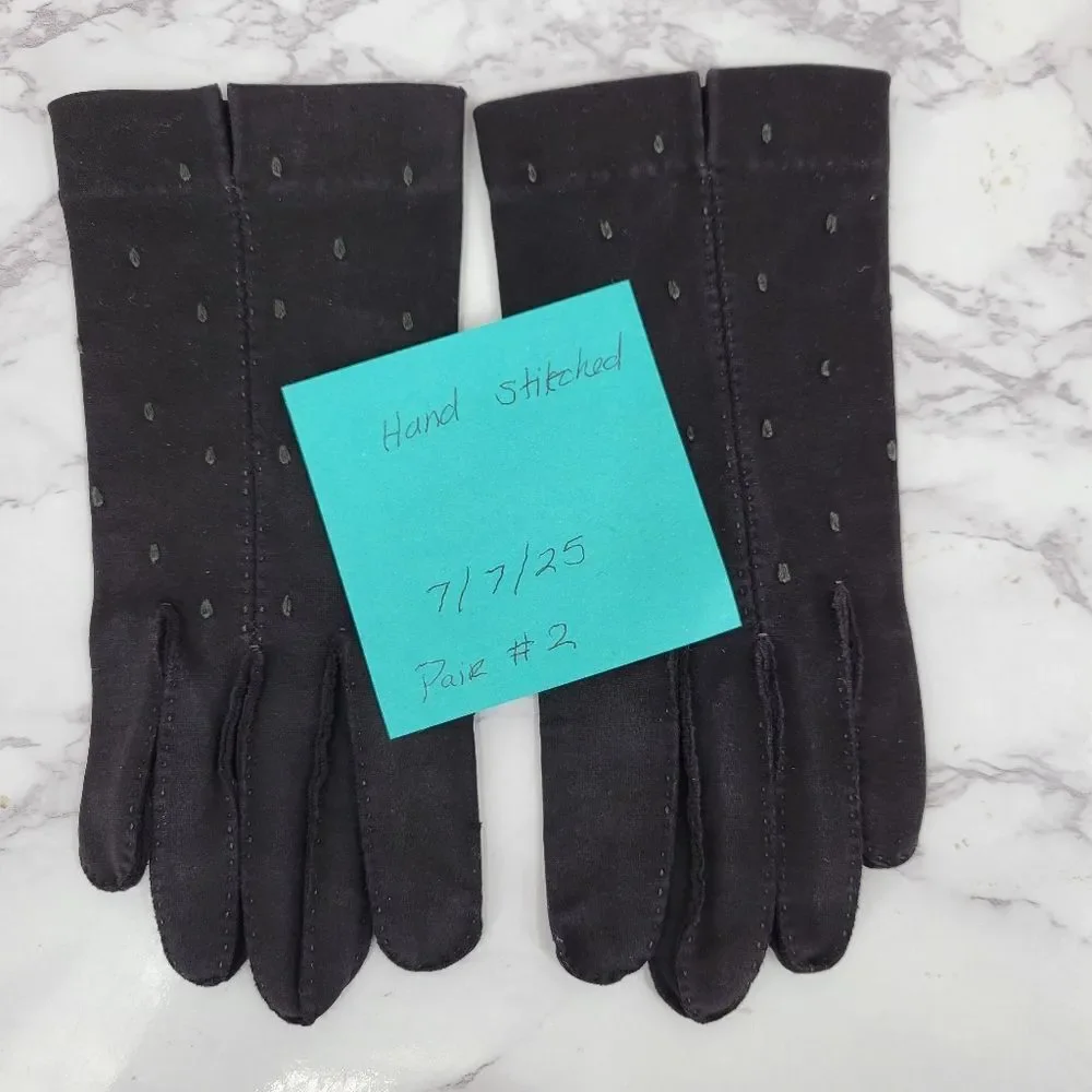 1950s Hand Made Hand Stitched Elegant Black Gloves with Subtle Dot Pattern